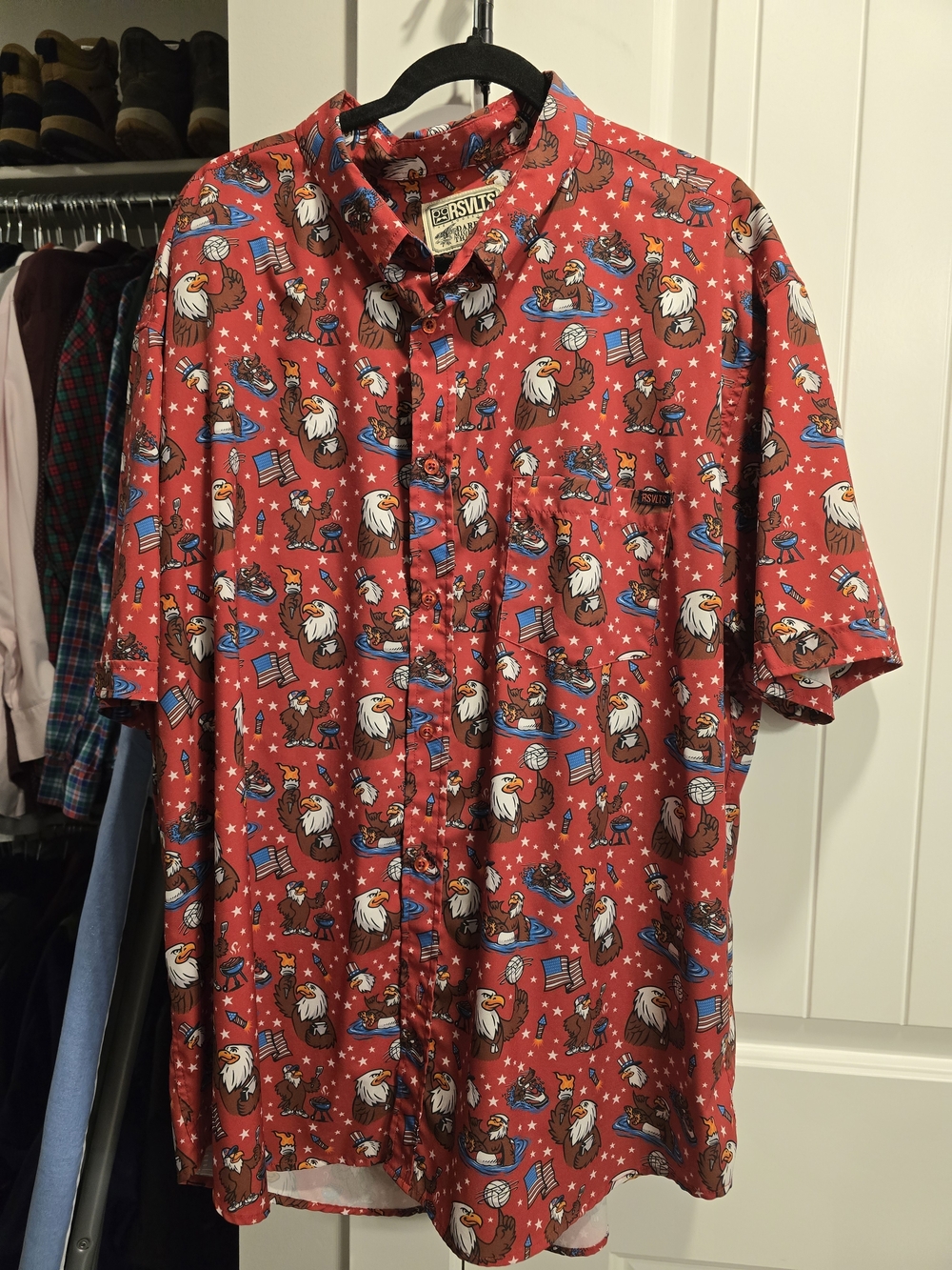 RSVLTS Grills Chills & Bills Button-Up Shirt with Patriotic Eagle Print